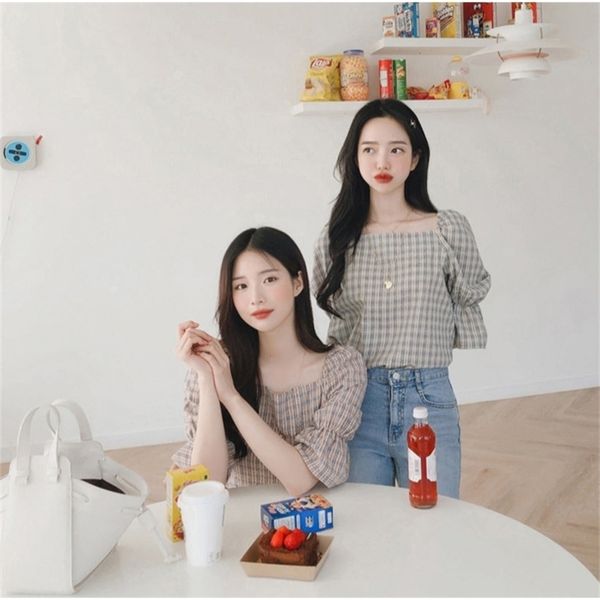 

square collar plaid shirt summer femme casual women short sleeve linen cotton girls blouse plus size blouses 210423, White
