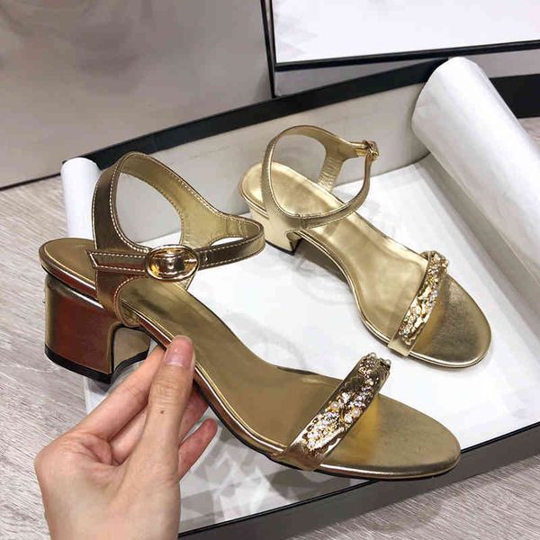 

official website 70% off outlet summer new luxury brand metal wheat ear pearl thick heel one word strap women's sandals fashion rhinest, Black