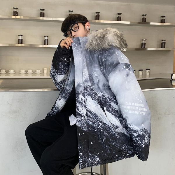 

Men's Down & Parkas Winter Mens Padded Jacket with Fur Collar Hood Korean Fashion Trends Oversized Harajuku Clothing Thick Cotton Coats 6EC8, Black