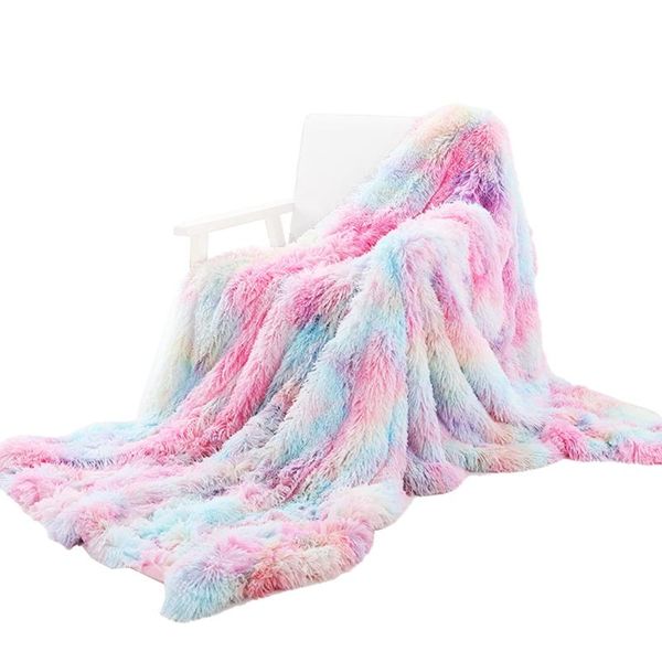 

bedding sets super soft long plush colorful sofa blanket rainbow cover fluffy warm throw cozy couch fur reversible