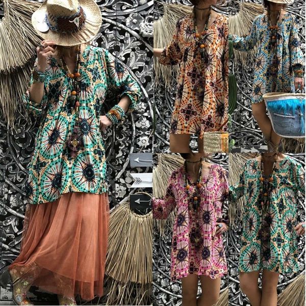 

women's t-shirt autumn fashion skirt ethnic print medium size dress d5nf, White