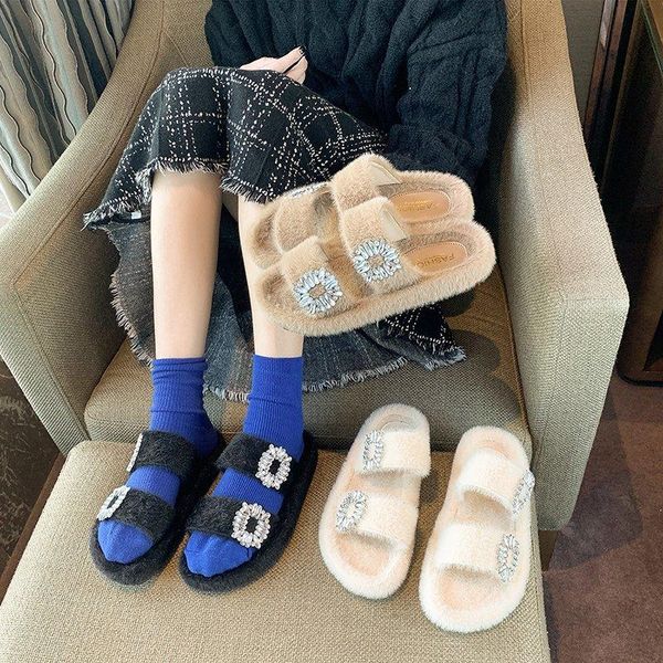 

crystal double band fluffy slippers women solid open toe pantuflas cozy winter fur slides ladies muffins cut-out home shoes 2021, Black