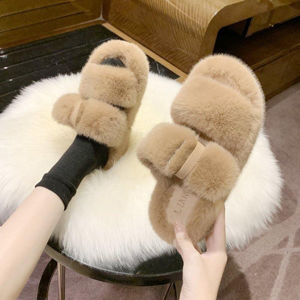 

slippers fur shoes woman's med luxury slides platform plush 2021 designer flat with rubber short casual platf, Black
