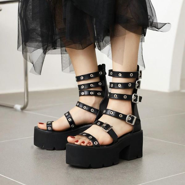 

sandals platform square high heel women fashion buckle gladiator back zipper dress summer woman's shoes black brown