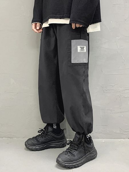 

men patch detail contrast panel pants 22dx#, Black