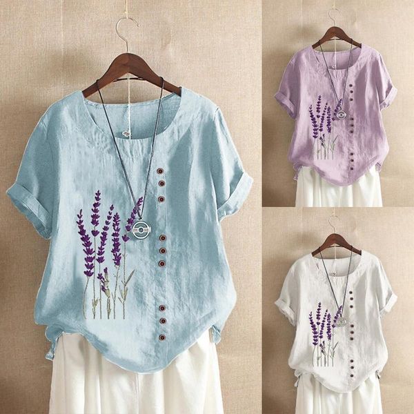 

women's t-shirt t-shirts women summer cotton linen female tee shirt vintage floral print 2021 loose button all-match casual d6, White
