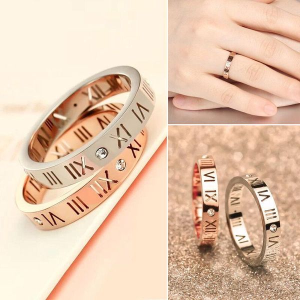 

fashion roman numerals titanium steel ring rhinestone width 4mm men women party wedding couple lover gifts rings, Slivery;golden