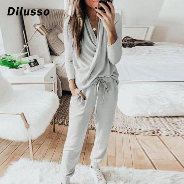 

women's tracksuits 2pcs women tracksuit solid color pants sets leisure wear lounge suit long sleeve housewear ladies set#d3 ifwc, Gray