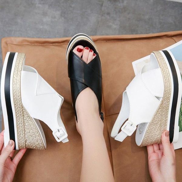 

sandals open toe slope heel weaving casual 35-39 size outdoor beach slippers ladies buckle belt sandalias mujer, Black