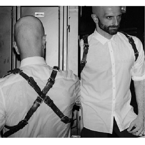 

rock male man punk faux leather material harness rivet gothic handmade cool chest belt back cross belts, Black;brown