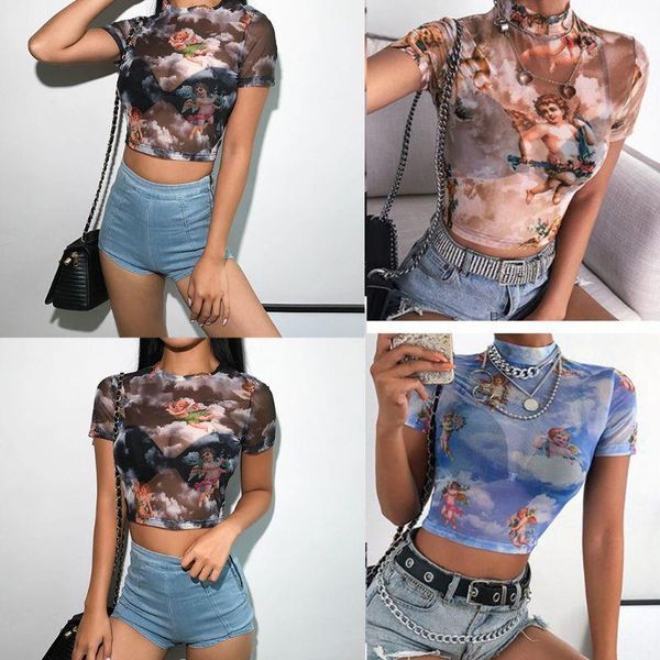 

short sleeve turtleneck crop angel women t shirts cupid print sheer mesh black blue nude shirt, White