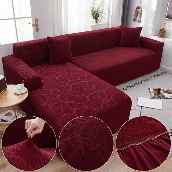 Fodera per divano in tessuto jacquard in peluche rosso vino per soggiorno Fodera per divano ad angolo elastico moderno all-inclusive in tinta unita 45010 211116