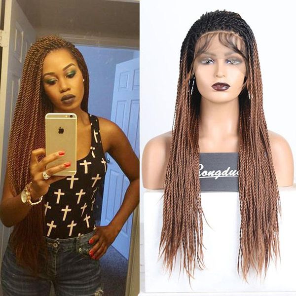 

synthetic wigs soft 26 inches ombre brown box braids lace front high temperature wig for black women glueless with baby hair daily