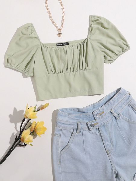 

square neck ruched bust b8rn#, White