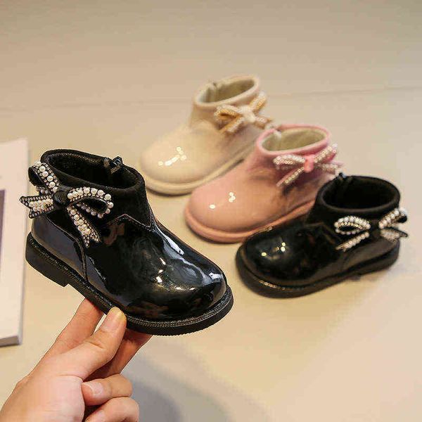 

girls patent leather shoes autumn winter kids ankle boots snow boots pearls butterfly-knot sweet wedding party princess shoes g1210, Black;grey