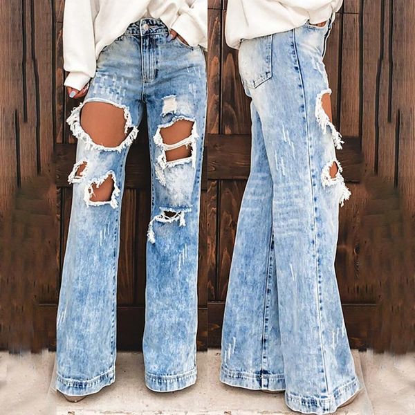 

women's jeans micro-flared washed ripped holes denm trousers slimming casual straight-leg summer all-match chic female pants, Blue