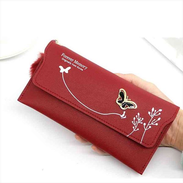 

butterfly women wallet wrist handle phone case long section money pocket pouch handbag womens purse card holders, Red;black