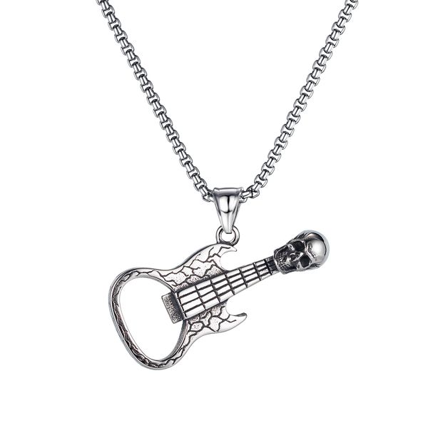 

corkscrew necklaces chain pendants for mens sliver stainless steel personalized retro skull guitar jewelry to boys birthday gifts, Silver