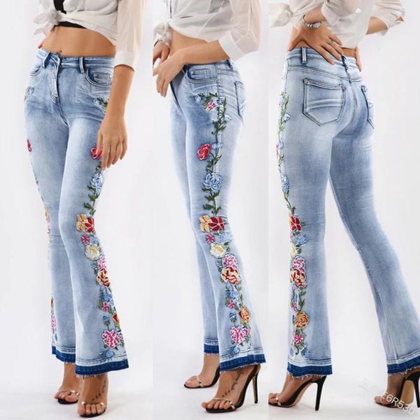 

women's jeans 2021 trumpet fashion floral embroidery skinny elastic denim pants large size low waist trousers mujer pantalones, Blue