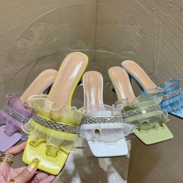 

sandals shine rhinestone lace ruffles open toe women strange overhigh heels slippers crystal lacework square sandalias femme, Black