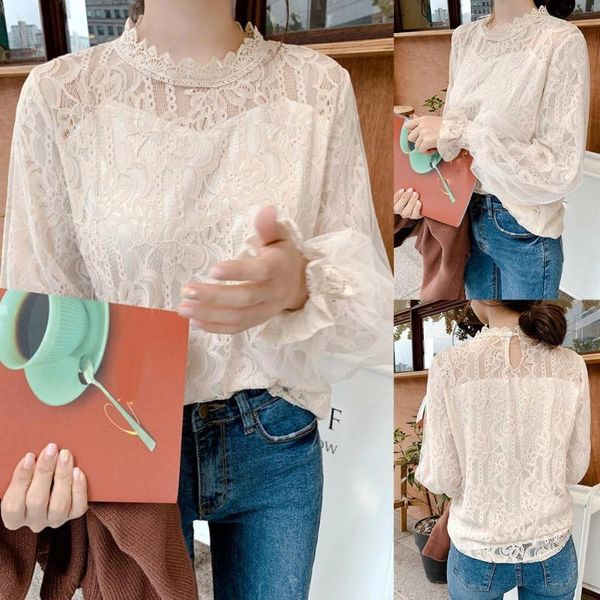 

women's blouses & shirts elegant women floral lace brim hollow out puff long sleeve blouse shirt blusas feminina white