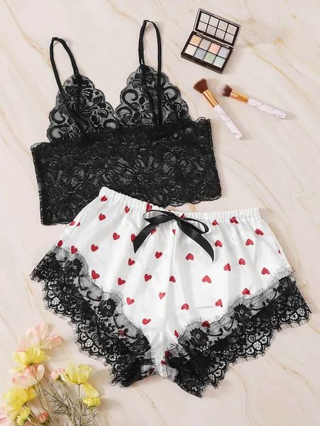 

product fun underwear wrapped cht lace shorts pajamas two piece set, Black;white
