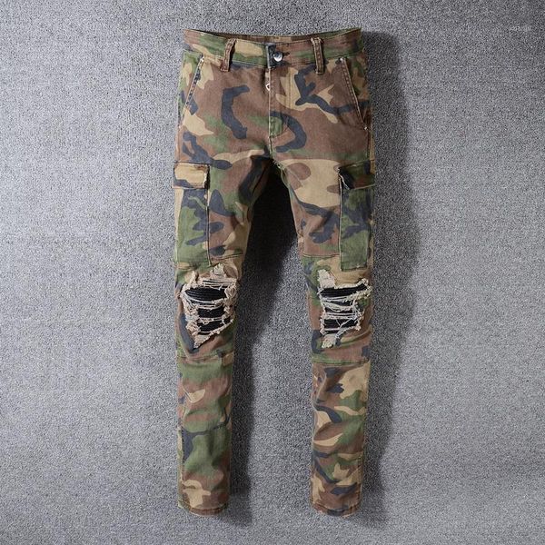 

men's jeans american streetwear fashion men camouflage military big pocket denim cargo pants slim fit hip hop ripped punk trousers, Blue