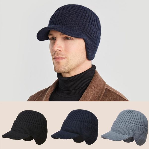 

beanies men warm winter hats stylish fur lined soft solid color beanie cap with brim thick knitted pullover cover ear riding