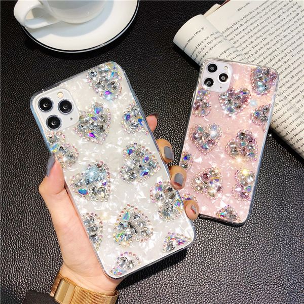 Bling Frauen Mädchen Dame 3D Glitzer Schöne Herz Sparkle Hüllen Klar Niedlich Glänzend Kristall Muschel Muster Marmor Schutzhülle für iPhone 13 12 11 Pro MAX 8 7 6 6S Plus SE2