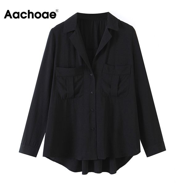 Zarif Siyah Kadın Çentikli Vintage Gömlek Uzun Kollu Düzensiz Hem Bayanlar Tops Ofis Giyim Cep Bluz Mujer 210413