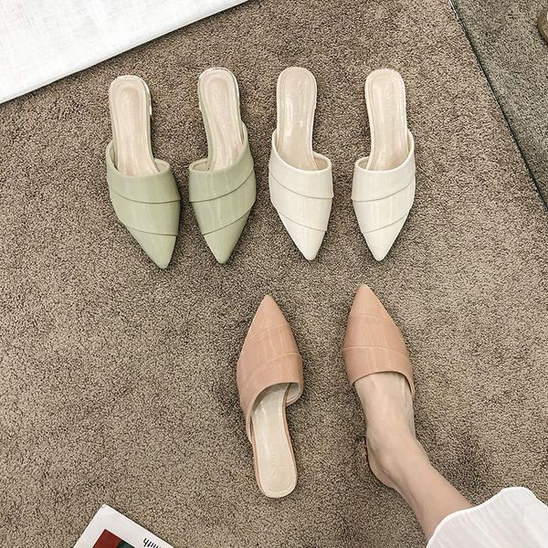 

slippers pu leather pointed toe women low heel mules shoes summer sandals ladies metal closed 2021, Black