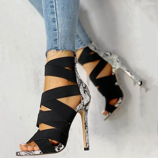 

snake summer shoes woman pumps high thin heels pointed toe rhinestone gladiator party prom sandals dress, Black