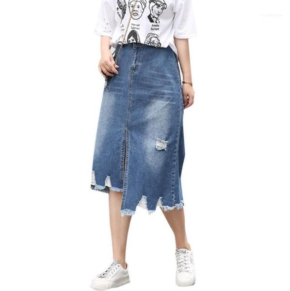 

skirts s-8xl 2021 summer large size hole denim skirt women casual split eastic waist plus 6xl irregular jeans w9971, Black