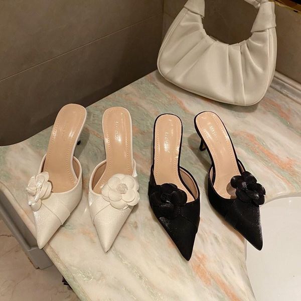 

flower shoes woman 2021 slippers casual pointed toe heeled mules pantofle luxury high soft cover concise fretwork slides flo, Black