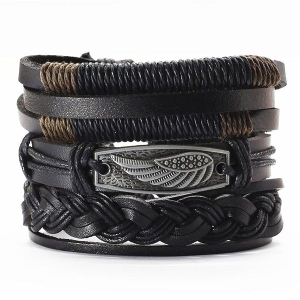 

pcs/set handmade woven wood beads genuine leather men bracelets for women feather guitar charm bangles homme femme jewelry tennis, Golden;silver
