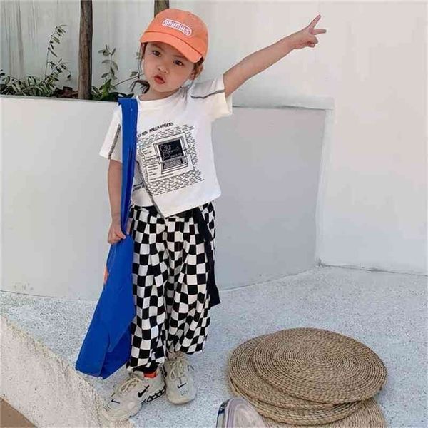 

summer arrival girls fashion plaid sets pants kids korean design outfits 210528, White