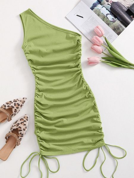 

one shoulder ruched knot side bodycon dress 29dm#, Black;gray