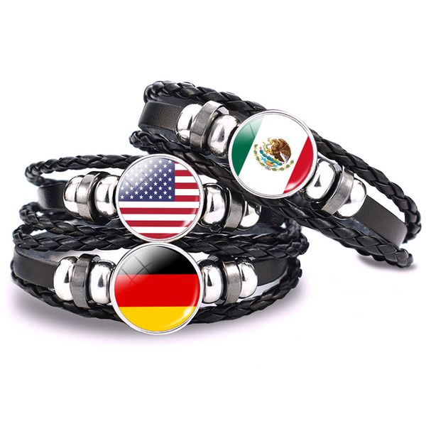 

flag bracelet world flags jewelry usa america flag germany mexico canada france britain spain brazil black leather bracelet, Golden;silver
