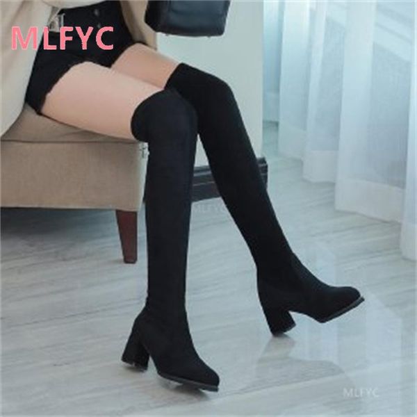 

boots over-the-knee women's 2021 style rear zipper thin thick heel high tube stretch and cotton, Black
