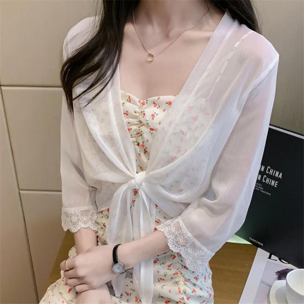 

women's blouses & shirts 2021 summer sunscreen clothes women kimono cardigan beach wear casual chiffon blouse shirt thin coat korean s, White