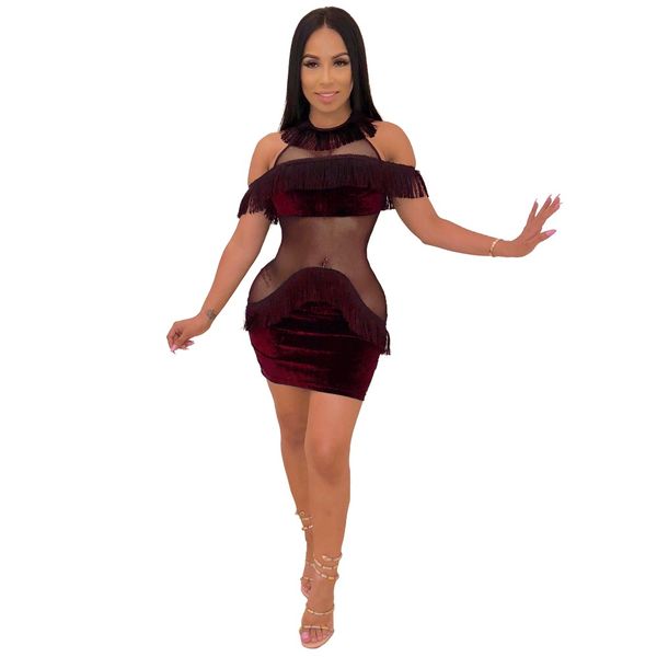 

women tassel mesh see though velvet mini dress splicing party cold shoulder o neck transparent bodycon dress 4colors s-2xl, Black;gray