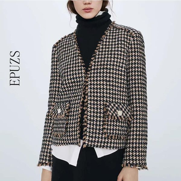 

vintage v-neck plaid elegant jacket coat fashion slim long sleeve office work suit famale outerwear chic women's suits & blazers, White;black