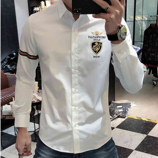 

men's casual shirts spring new leisure slim fit long sleeve embroidery korean fashion rhinestones flower men 3hoc, White;black