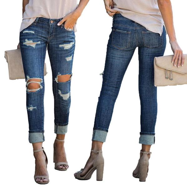 

women's jeans fashion ripped ladies mid waist pencil feet skinny plus size 2xl slim denim trousers#j30, Blue