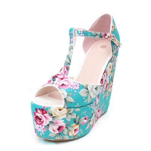 

sandals floral print wedges women bohemia platform peep toe summer shoes 15cm high heels woman xkd4276, Black