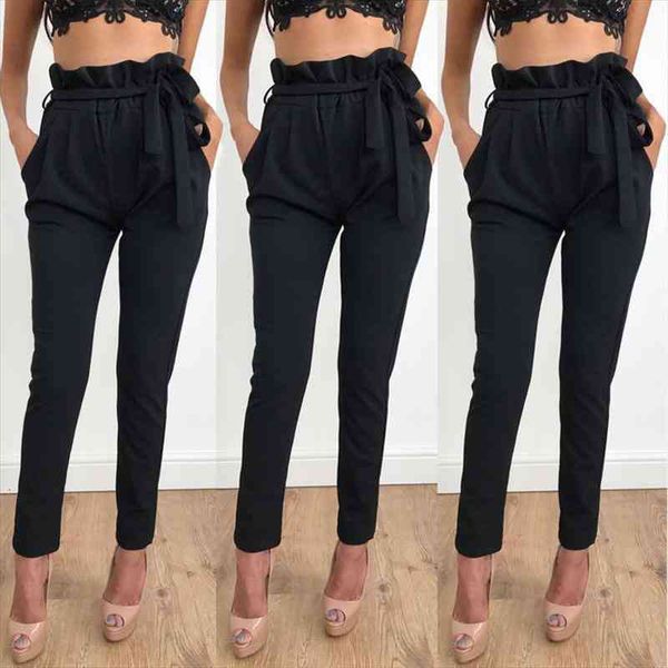 

women high waist slim skinny leggings stretchy bow belt drawstring pants jeggings pencil trousers, Black;white