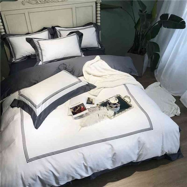 

white gray egyptian cotton duvet cover sheet embroidery 4pcs /king size bed set l bedding sets parure de lit