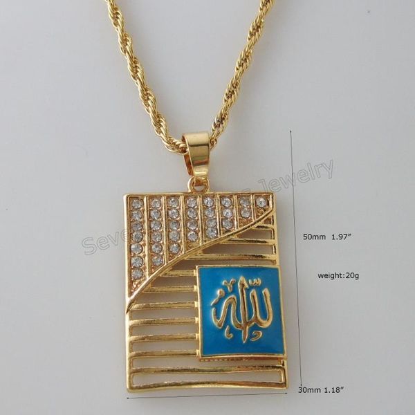 

pendant necklaces /min order is 10$/- yellow gold gp 24" or 18" black leather necklace & muslim light blue enamel cz rectangle, Silver