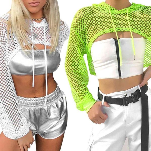 

women's swimwear 2pcs long sleeve t shirt women mesh hooded hollow out punk rock short crop t-shirt fishnet, white & green, White;black