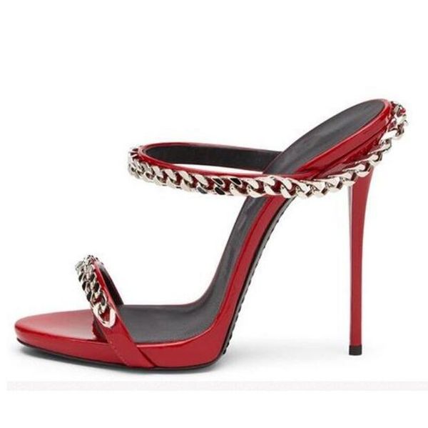 

zapatos mujer high heel sandals mental chain decoration open toe super thin heels women red black white slippers
